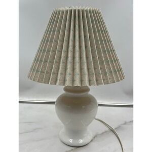 Vintage White Ceramic Table Lamp with Pleated Patterned Shade Cottage Core